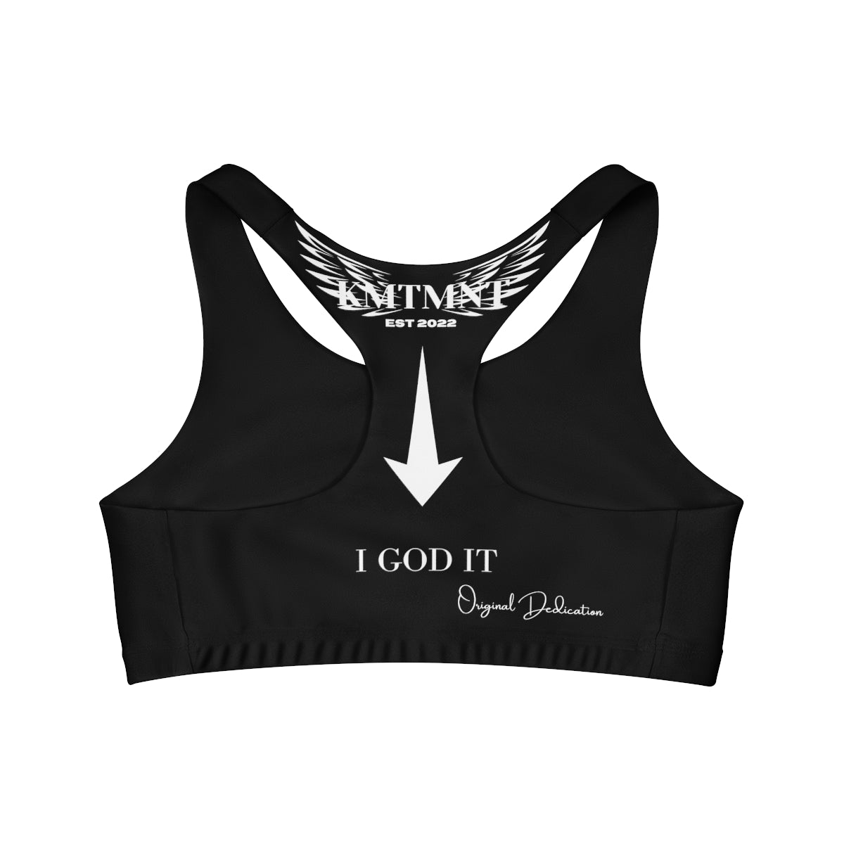 Kemetment Seamless Sports Bra (AOP)with I GOD IT Mission statement