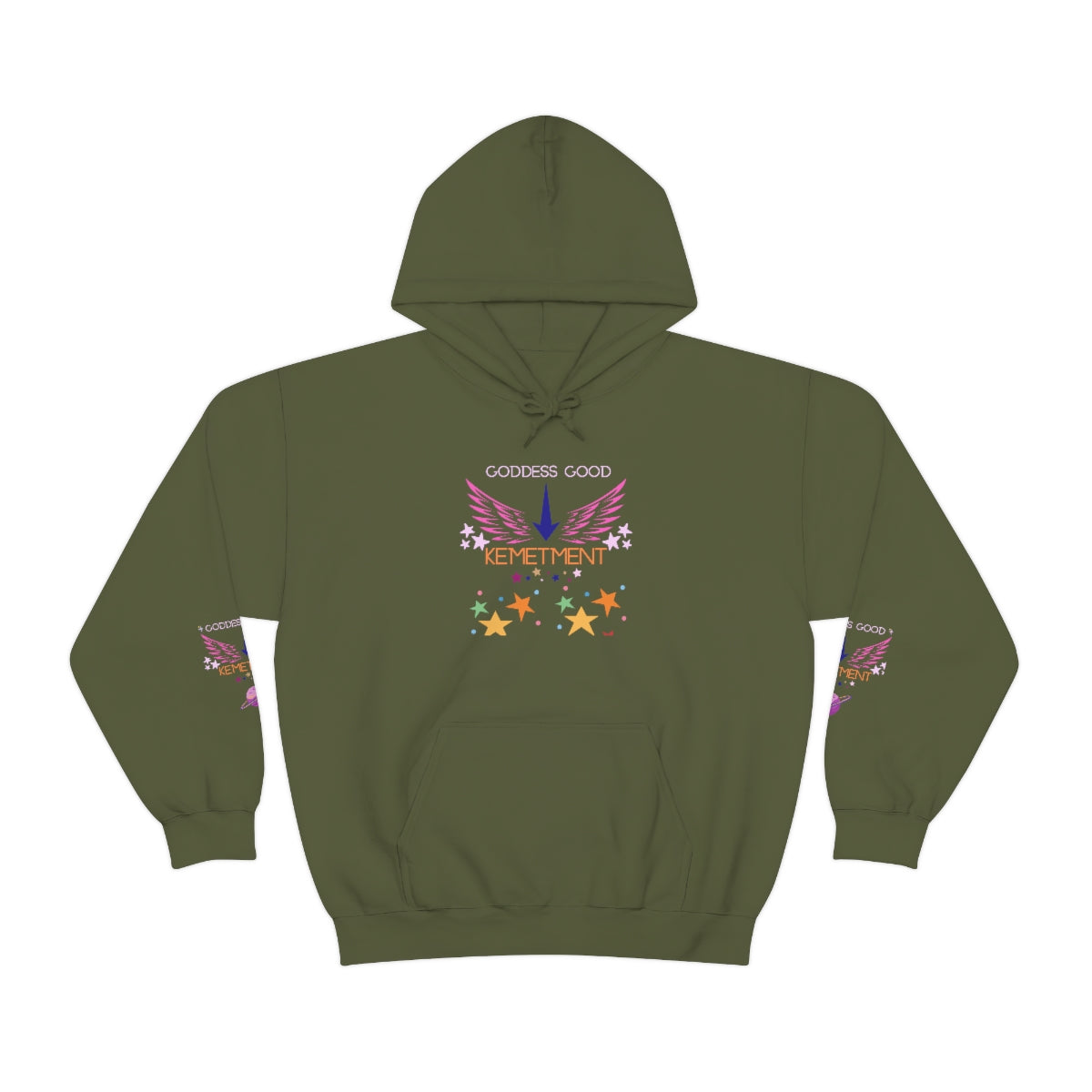 GODDESS GOOD DOUBLE SIDED Heavy Blend™ Hooded Sweatshirt with arm logos on both sleeves