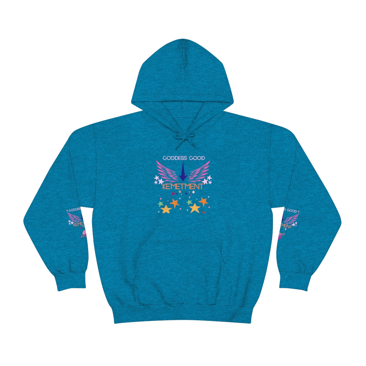 GODDESS GOOD DOUBLE SIDED Heavy Blend™ Hooded Sweatshirt with arm logos on both sleeves