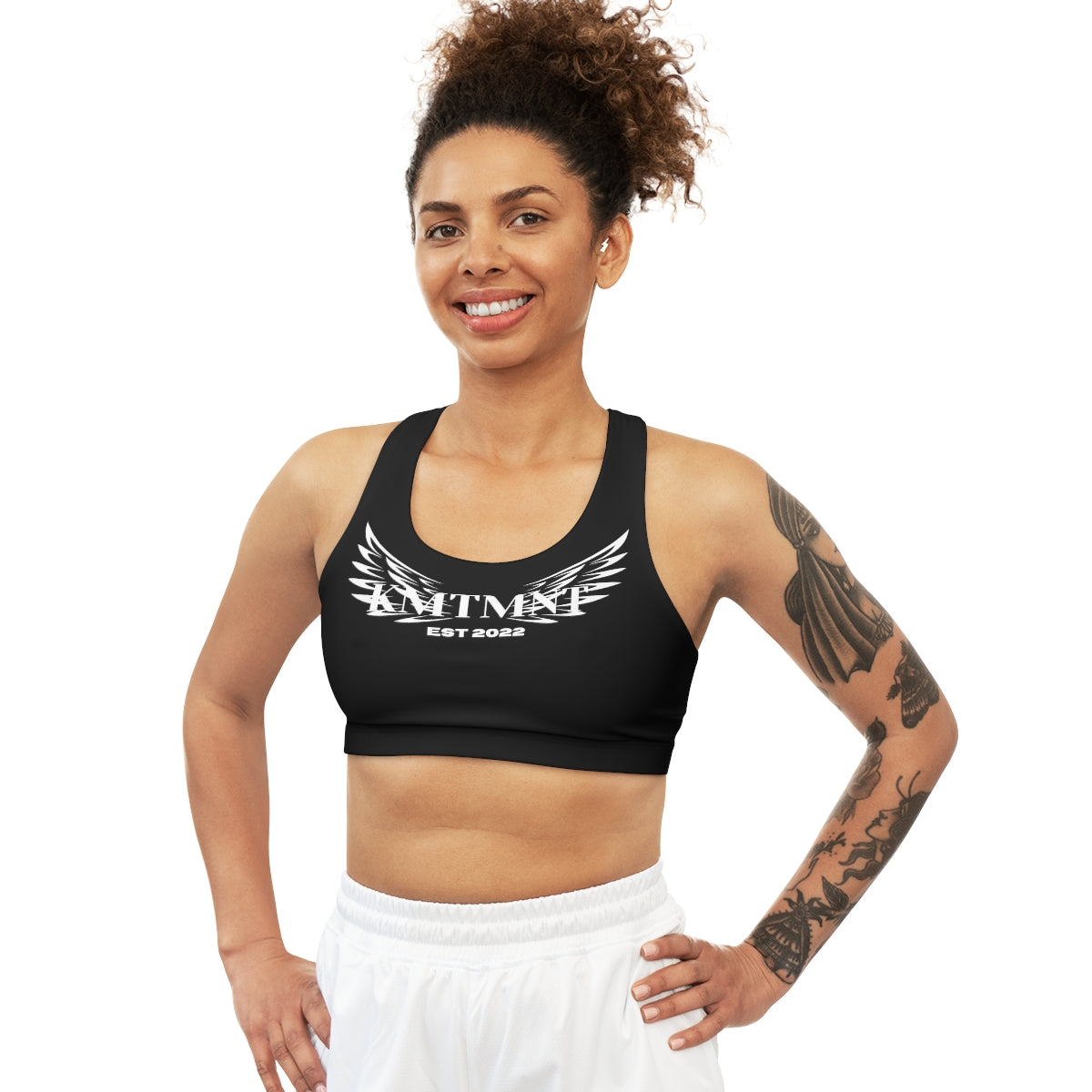 Kemetment Seamless Sports Bra (AOP)with I GOD IT Mission statement