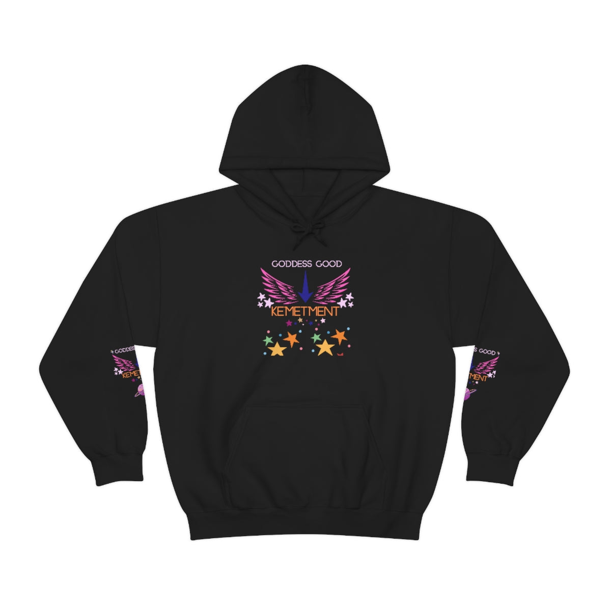 GODDESS GOOD DOUBLE SIDED Heavy Blend™ Hooded Sweatshirt with arm logos on both sleeves