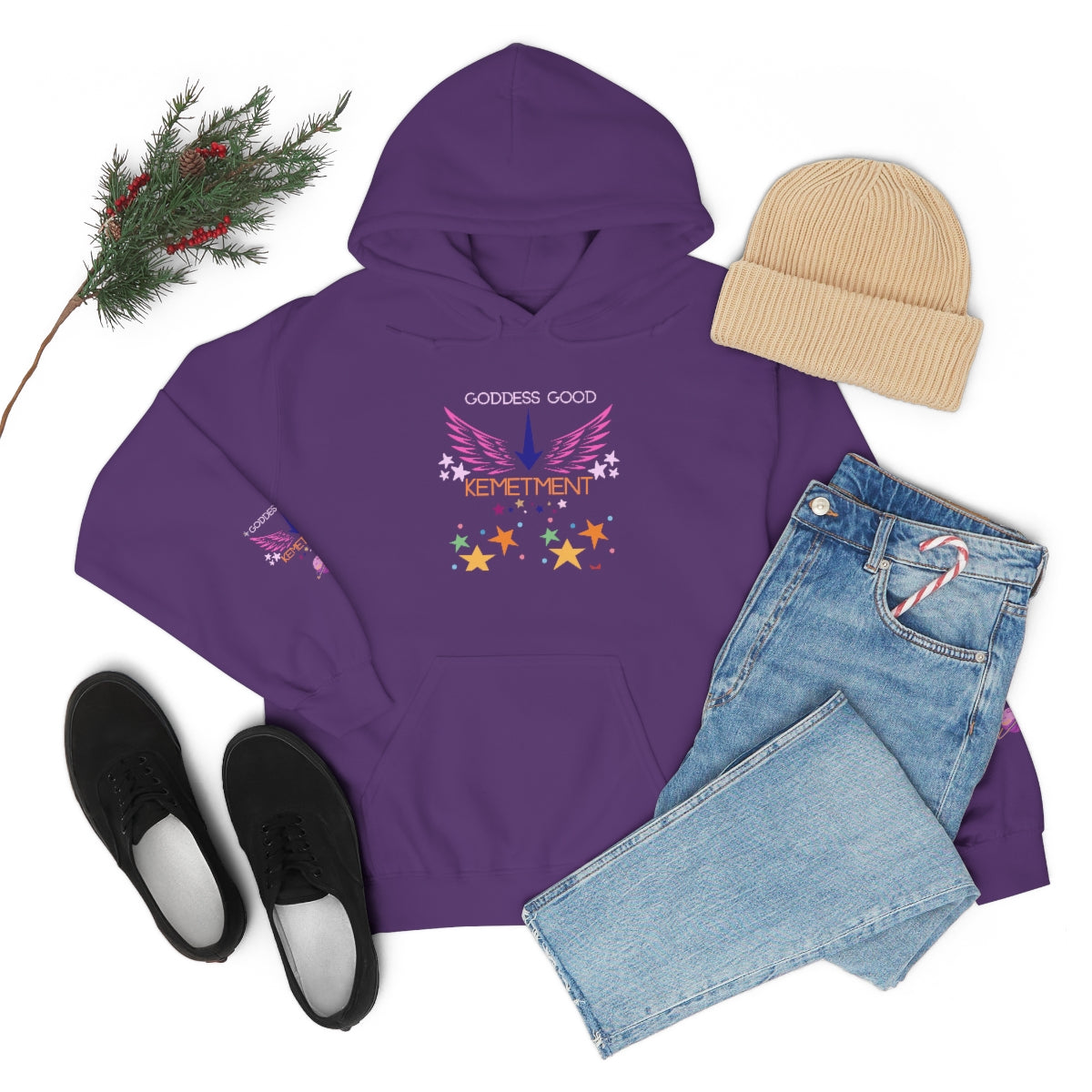 GODDESS GOOD DOUBLE SIDED Heavy Blend™ Hooded Sweatshirt with arm logos on both sleeves