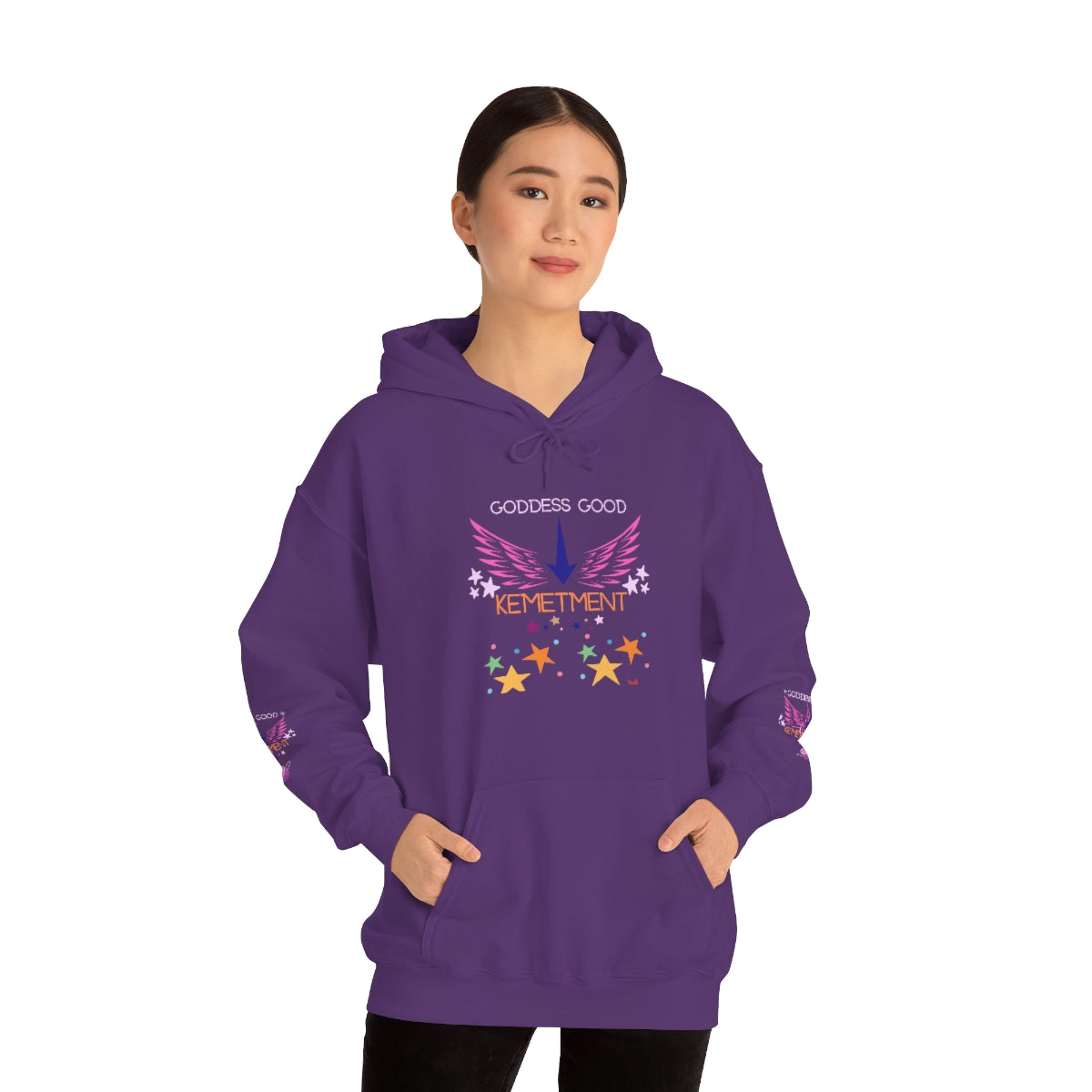 GODDESS GOOD DOUBLE SIDED Heavy Blend™ Hooded Sweatshirt with arm logos on both sleeves