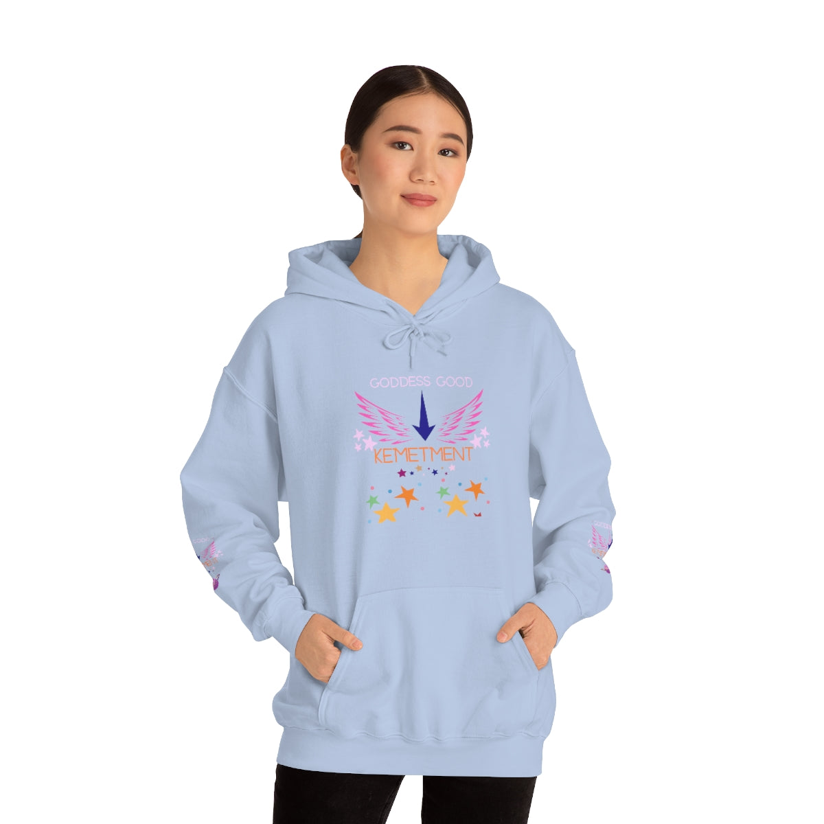 GODDESS GOOD DOUBLE SIDED Heavy Blend™ Hooded Sweatshirt with arm logos on both sleeves