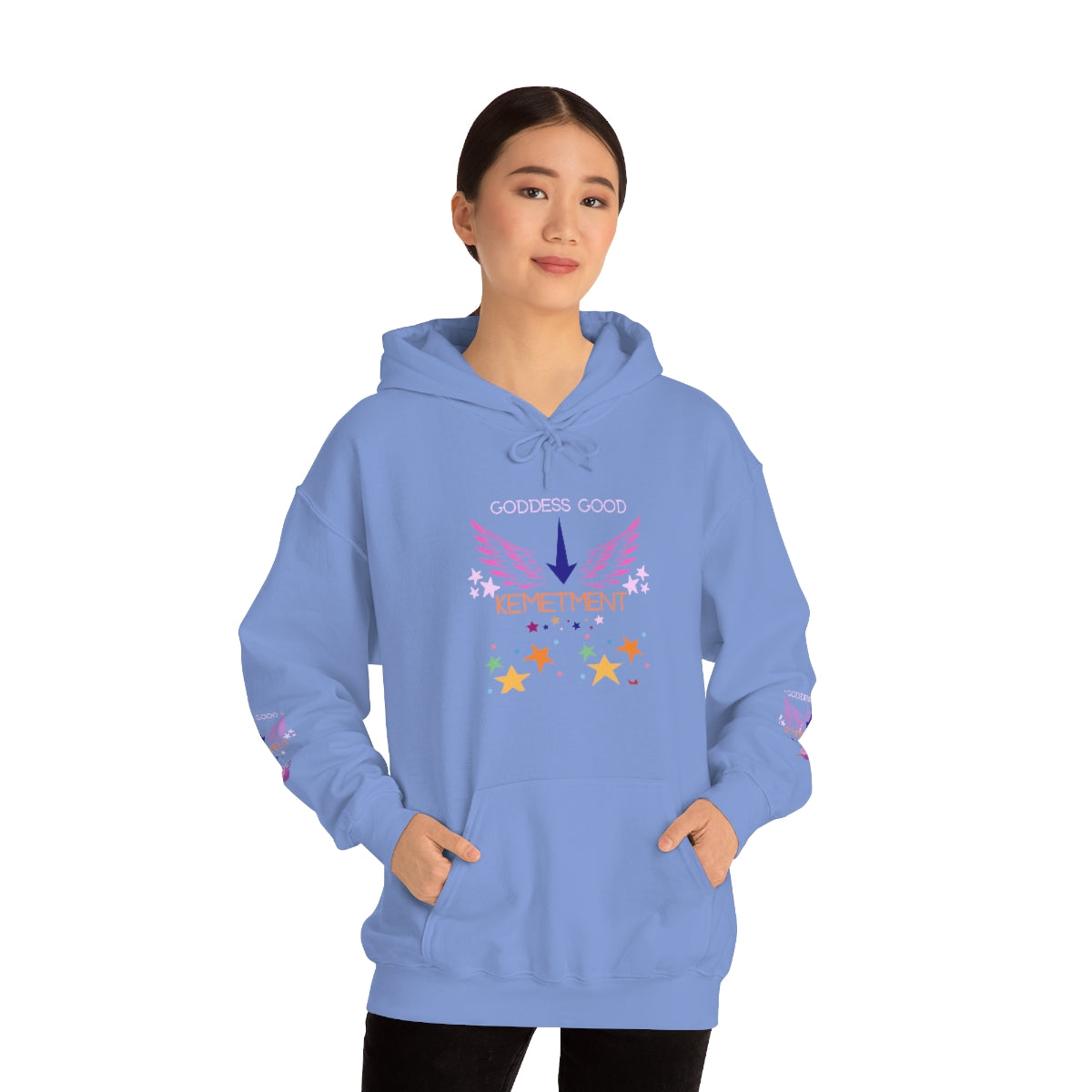 GODDESS GOOD DOUBLE SIDED Heavy Blend™ Hooded Sweatshirt with arm logos on both sleeves