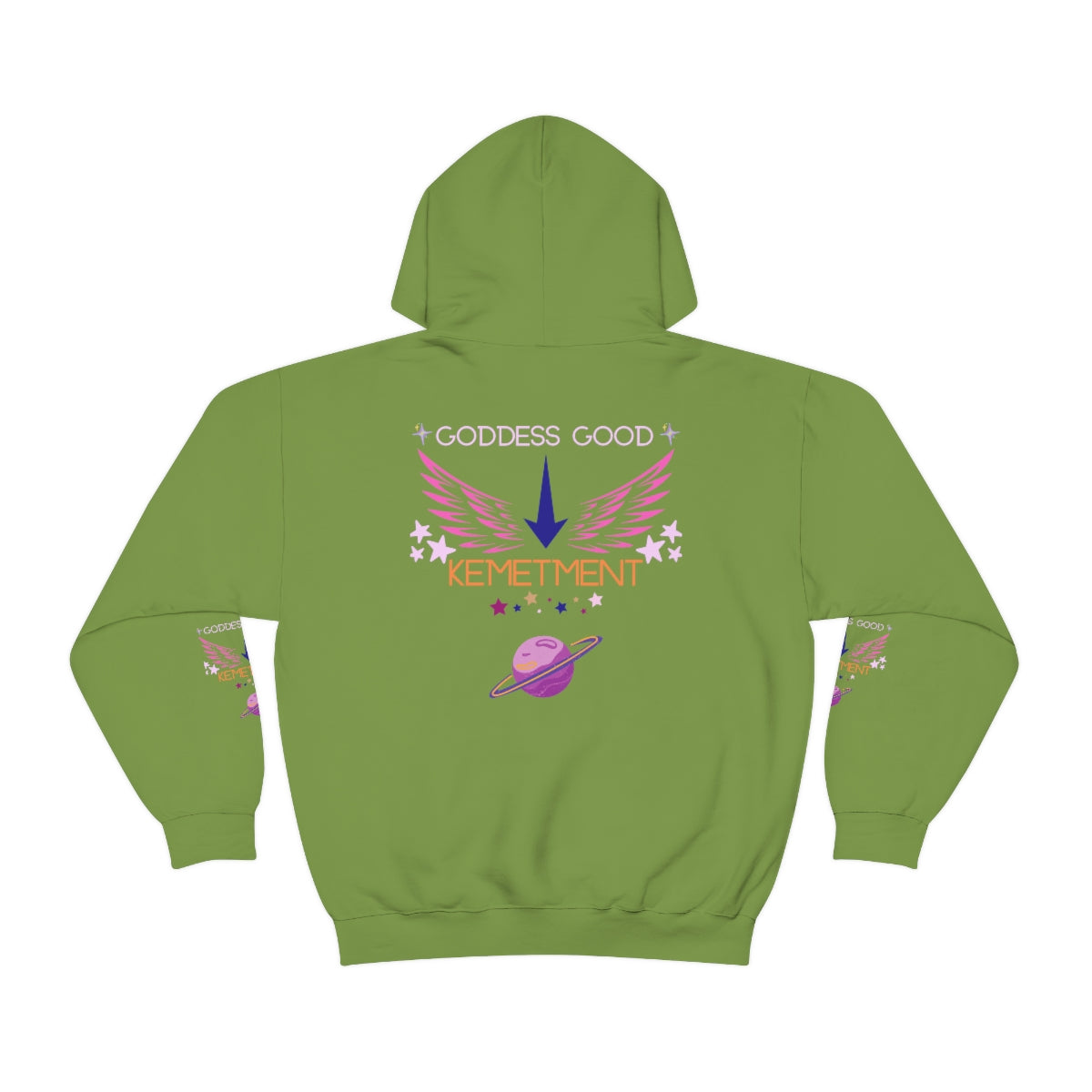 GODDESS GOOD DOUBLE SIDED Heavy Blend™ Hooded Sweatshirt with arm logos on both sleeves