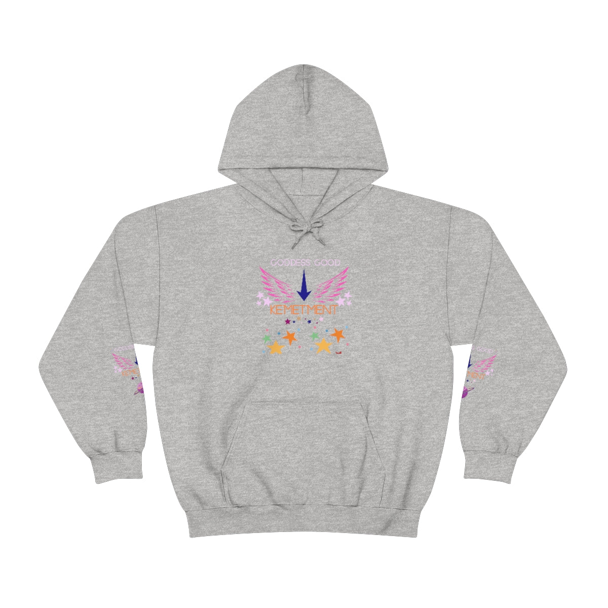 GODDESS GOOD DOUBLE SIDED Heavy Blend™ Hooded Sweatshirt with arm logos on both sleeves