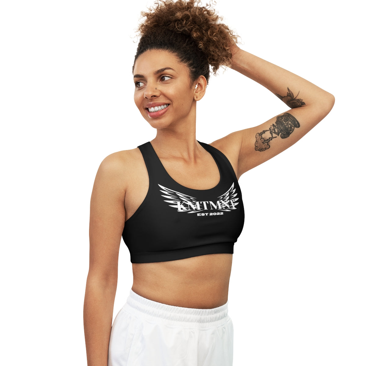 Kemetment Seamless Sports Bra (AOP)with I GOD IT Mission statement