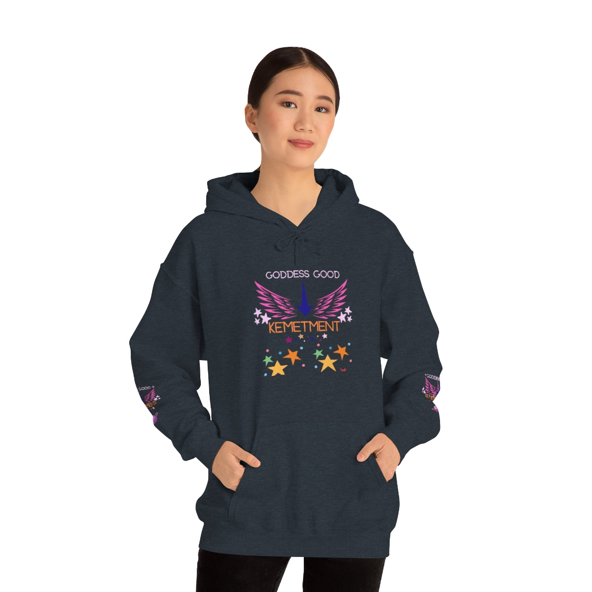 GODDESS GOOD DOUBLE SIDED Heavy Blend™ Hooded Sweatshirt with arm logos on both sleeves