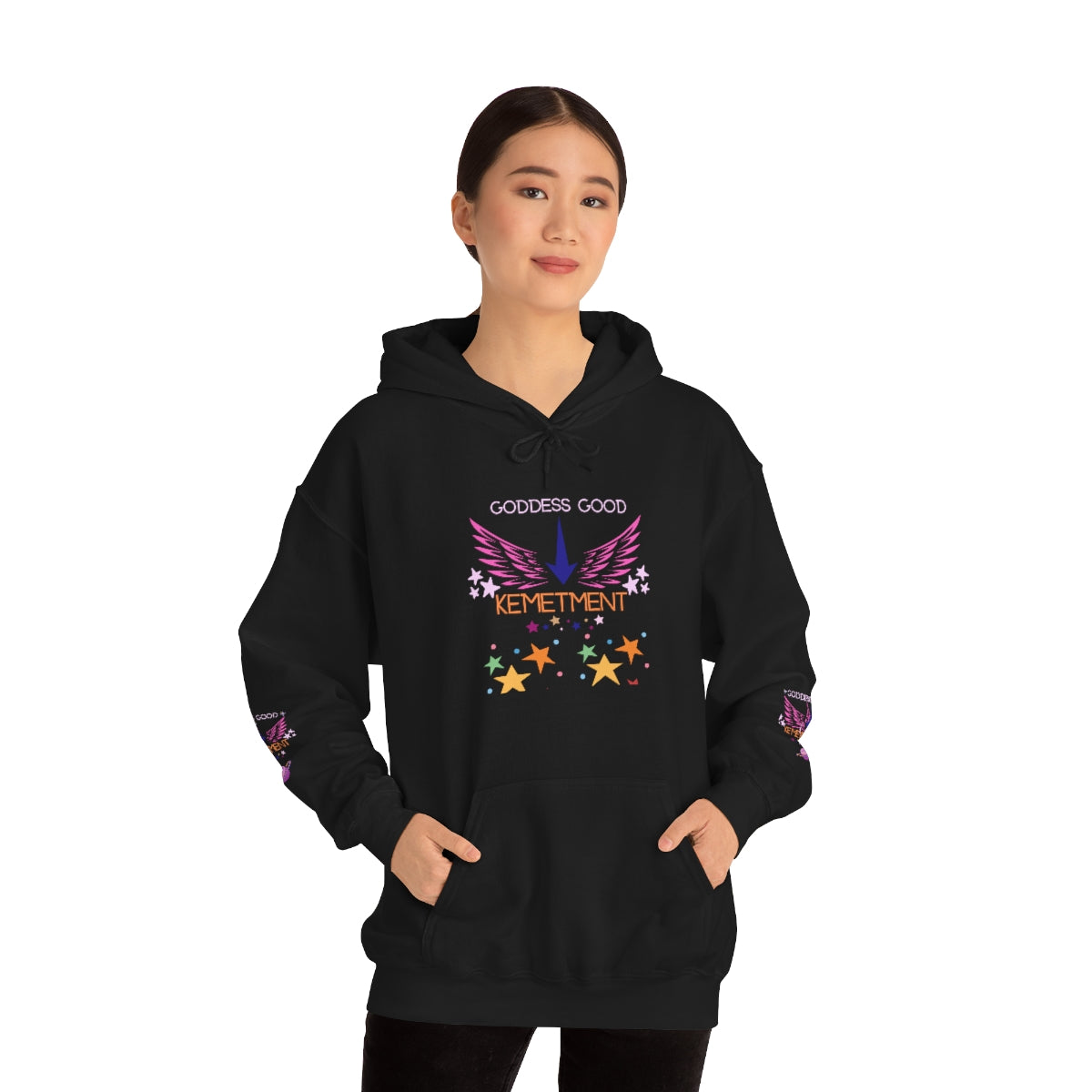 GODDESS GOOD DOUBLE SIDED Heavy Blend™ Hooded Sweatshirt with arm logos on both sleeves