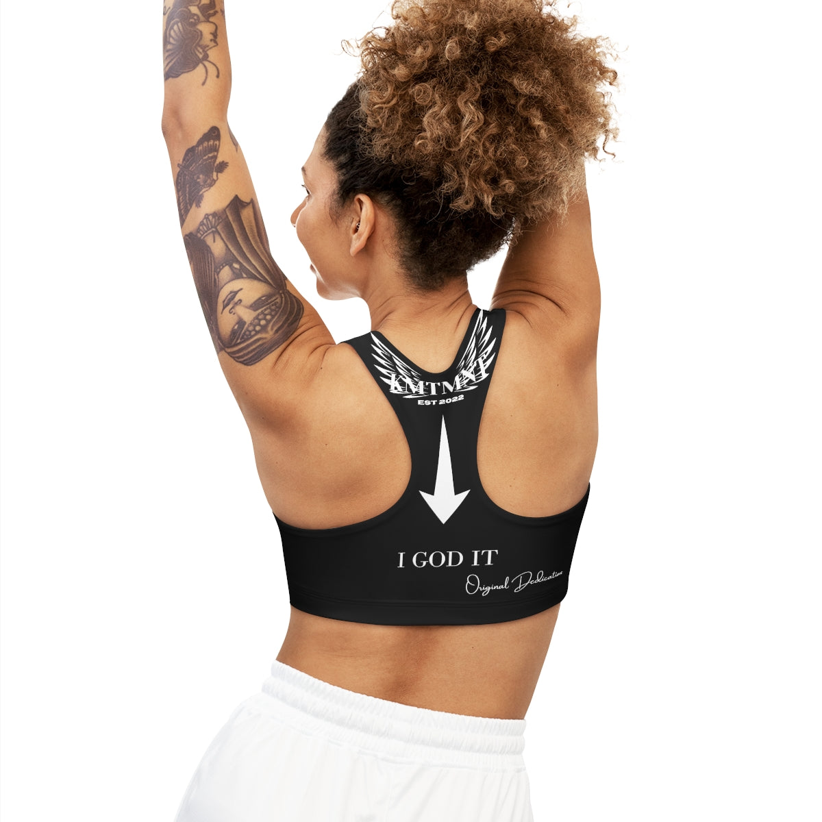 Kemetment Seamless Sports Bra (AOP)with I GOD IT Mission statement