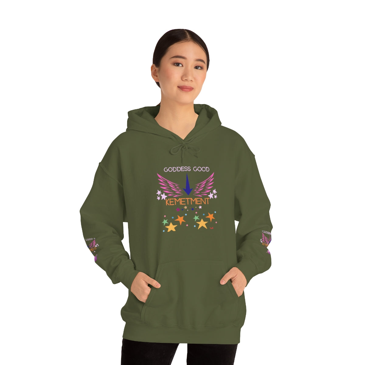 GODDESS GOOD DOUBLE SIDED Heavy Blend™ Hooded Sweatshirt with arm logos on both sleeves