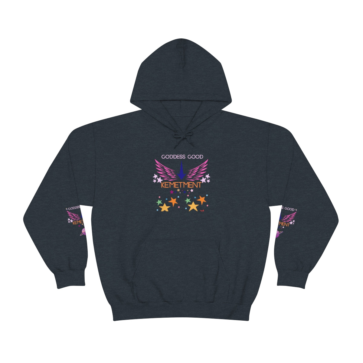 GODDESS GOOD DOUBLE SIDED Heavy Blend™ Hooded Sweatshirt with arm logos on both sleeves