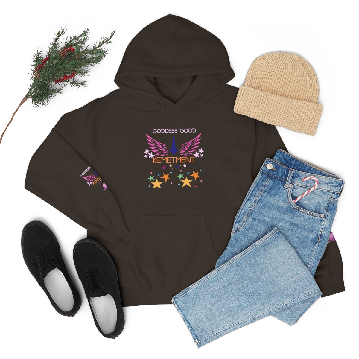 GODDESS GOOD DOUBLE SIDED Heavy Blend™ Hooded Sweatshirt with arm logos on both sleeves