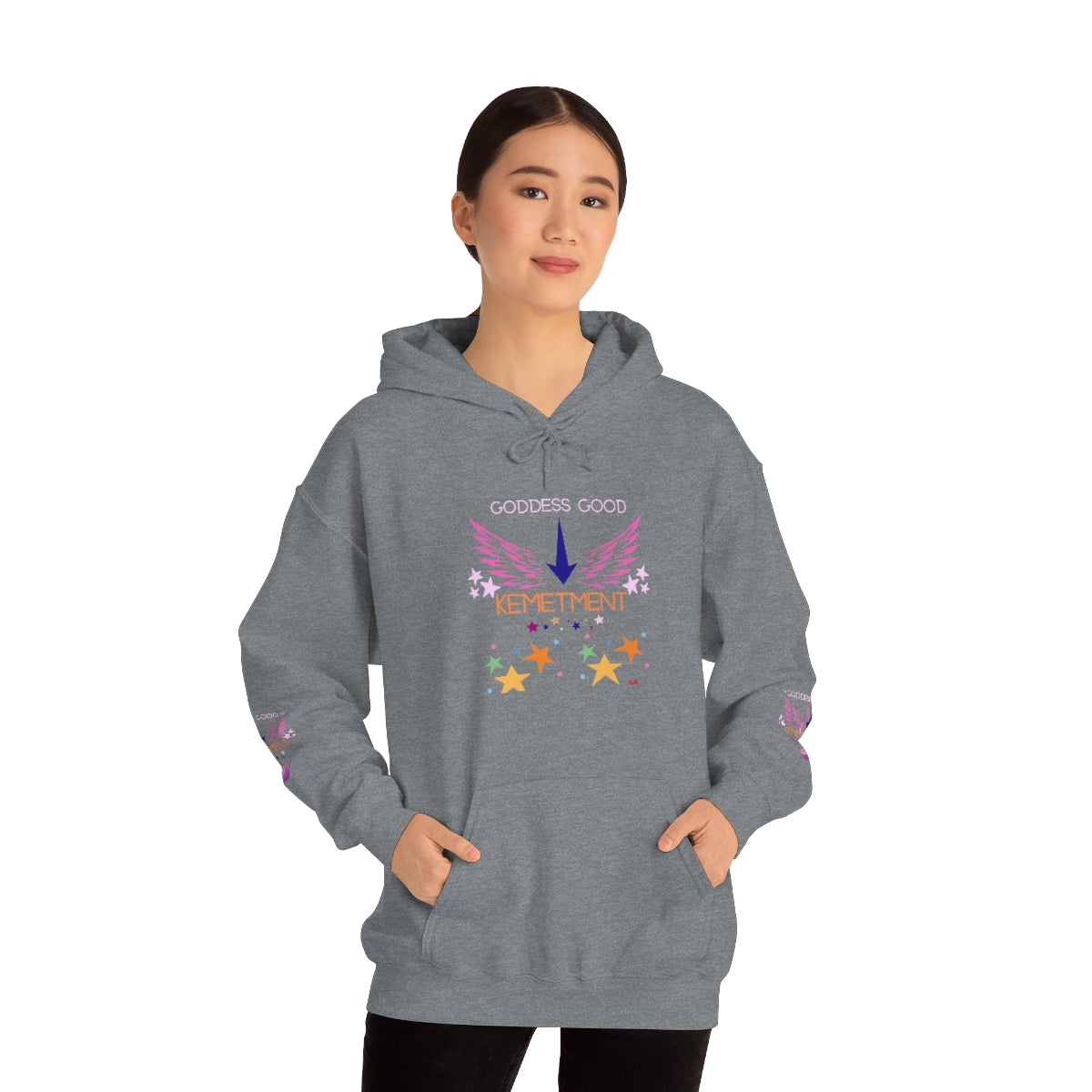 GODDESS GOOD DOUBLE SIDED Heavy Blend™ Hooded Sweatshirt with arm logos on both sleeves