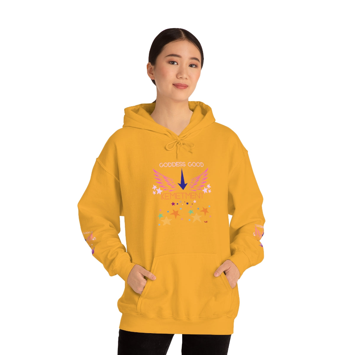 GODDESS GOOD DOUBLE SIDED Heavy Blend™ Hooded Sweatshirt with arm logos on both sleeves