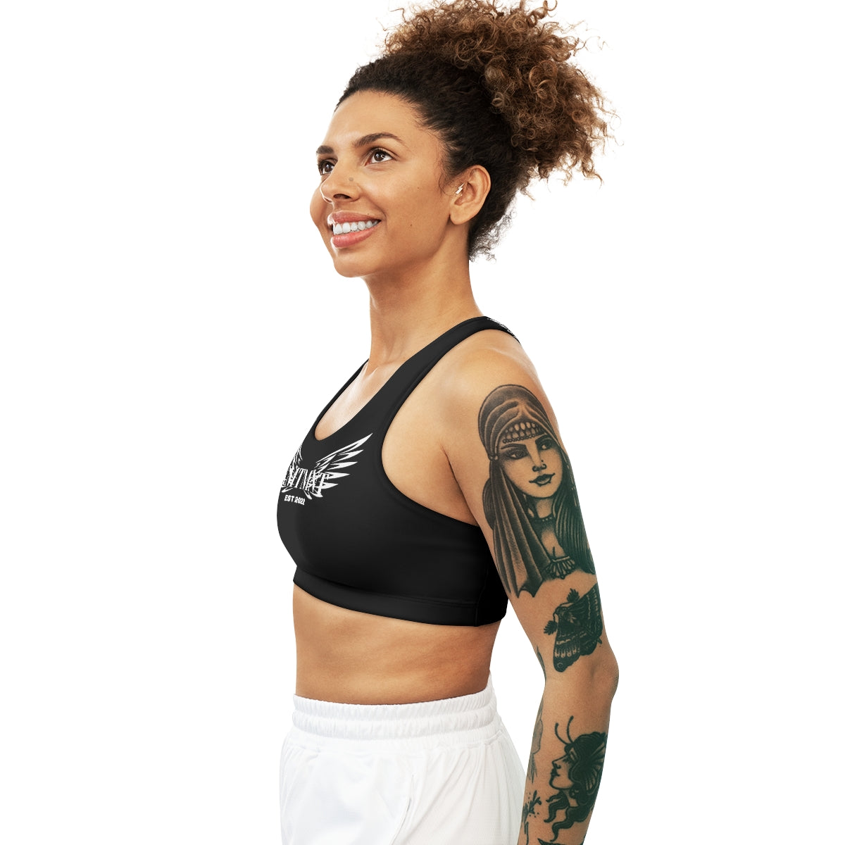 Kemetment Seamless Sports Bra (AOP)with I GOD IT Mission statement